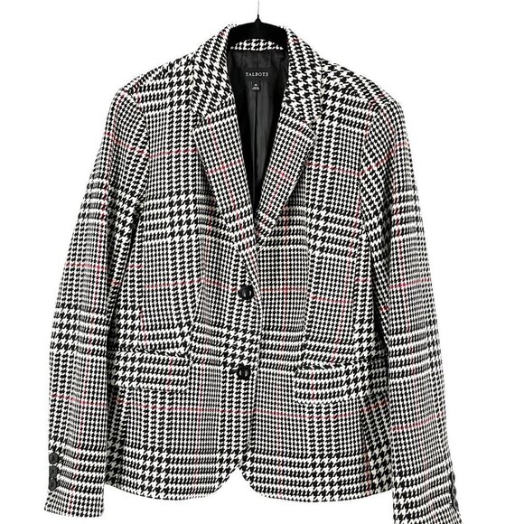 Talbots Houndstooth Blazer Wool-Blend Black White Red Single Breast 2-Button 14 - Picture 1 of 8